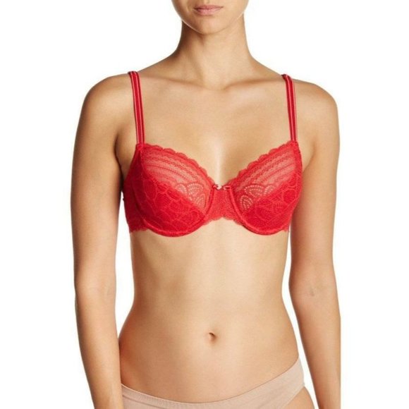 Chantelle Merci Bra Underwire Push-up Lace Red 32C #1742 NEW - Picture 1 of 2